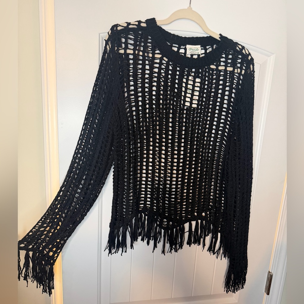 Very J Black Crochet Sweater with Fringe